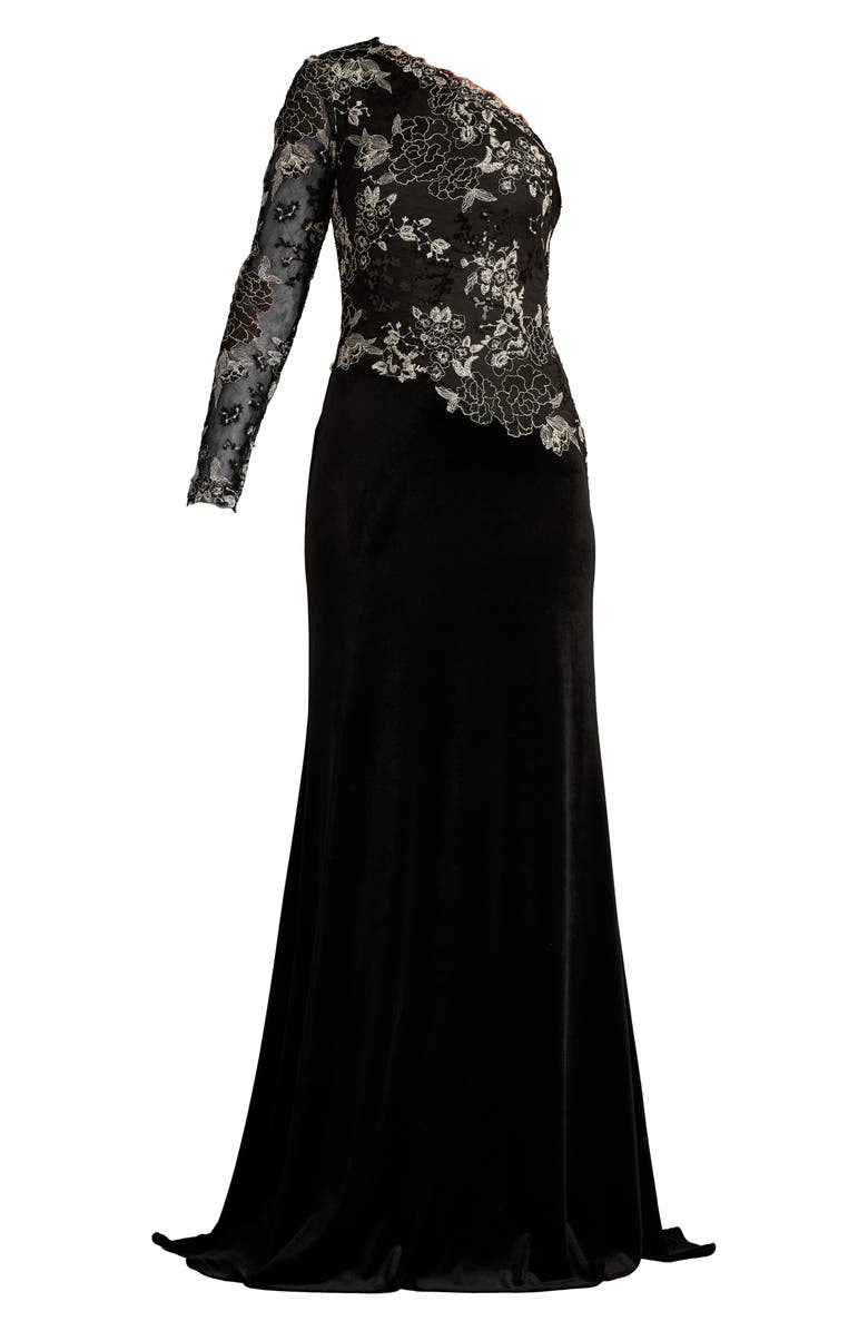 Tadashi Shoji One-Shoulder Sequin Lace & Velvet Gown, Alternate, color,
