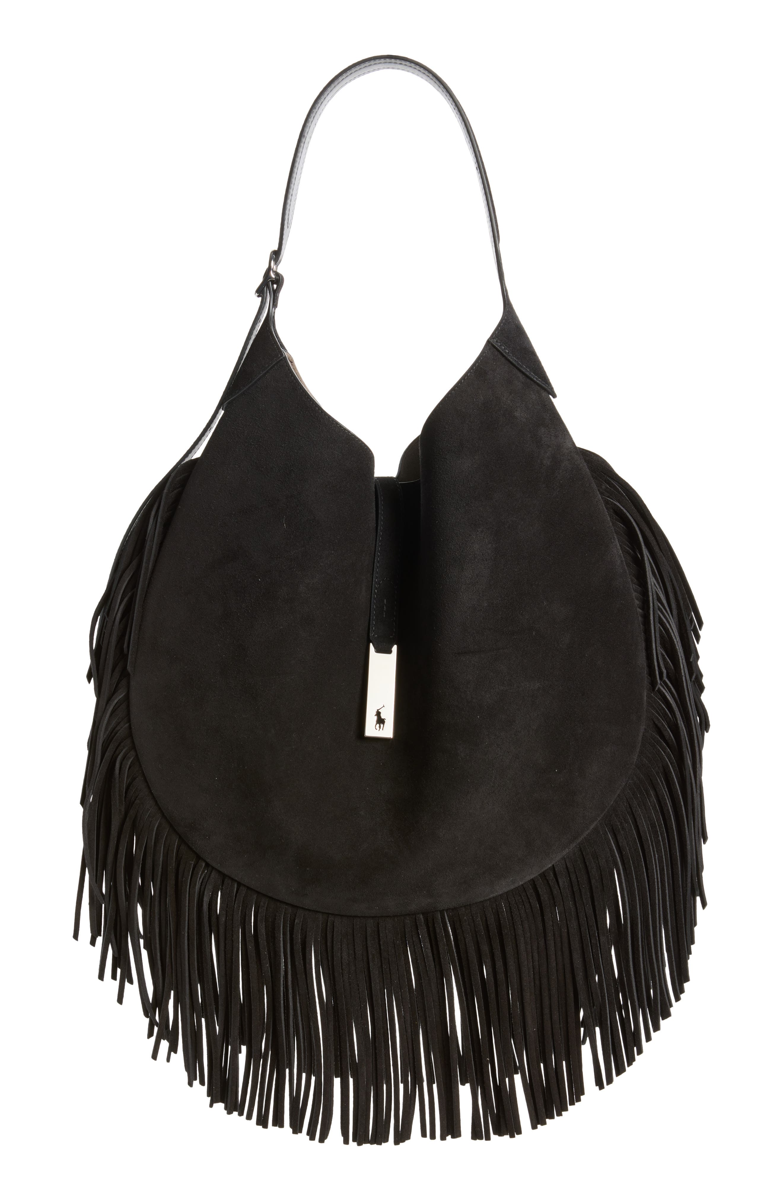 Polo ID Fringe Suede Shoulder Bag, Main, color, BLACK
