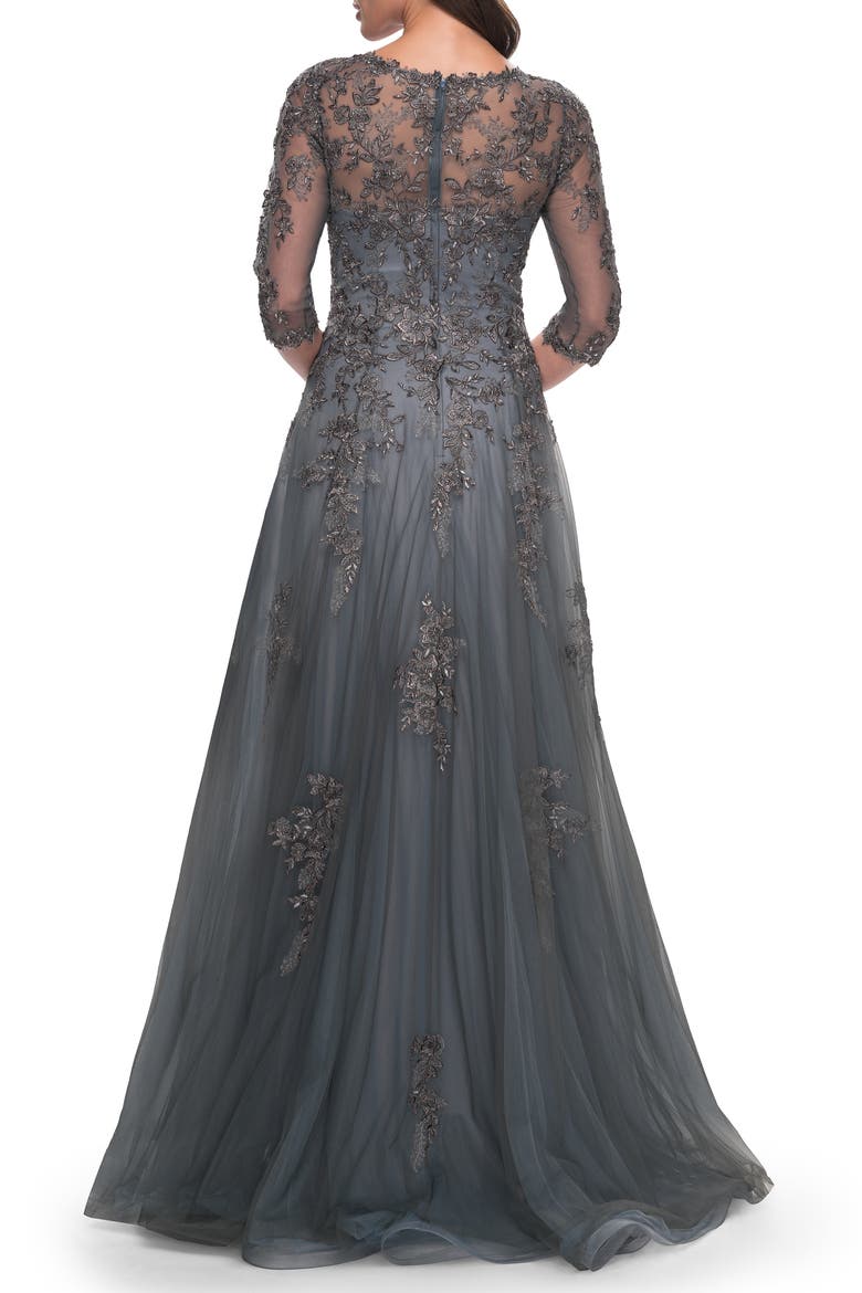 Beautiful A-Line Tulle and Lace Dress with Sheer Sleeves, Alternate, color, Gray