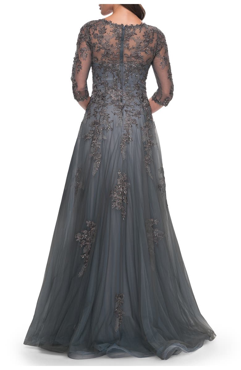 La Femme Beautiful A-Line Tulle and Lace Dress with Sheer Sleeves, Alternate, color, Gray