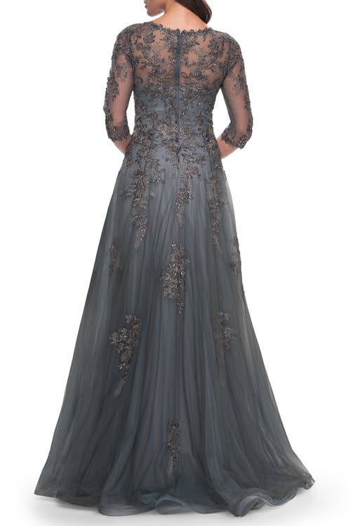 La Femme Beautiful A-line Tulle And Lace Dress With Sheer Sleeves In Gray