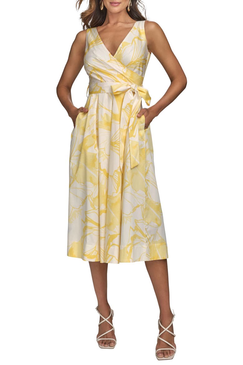 Print Tie Waist Sleeveless Midi Dress, Main, color, CREAM/ LIMONCELLO