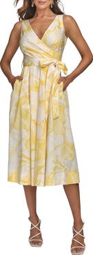 【Donna Karan New York】Floral-Print Tie-Waist Midi Dress Donna Karan New York Women's Floral-Print Tie-Waist Midi