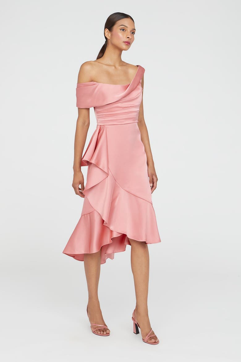 Janice Draped Asymmetric Dress, Alternate, color, Sugar Coral