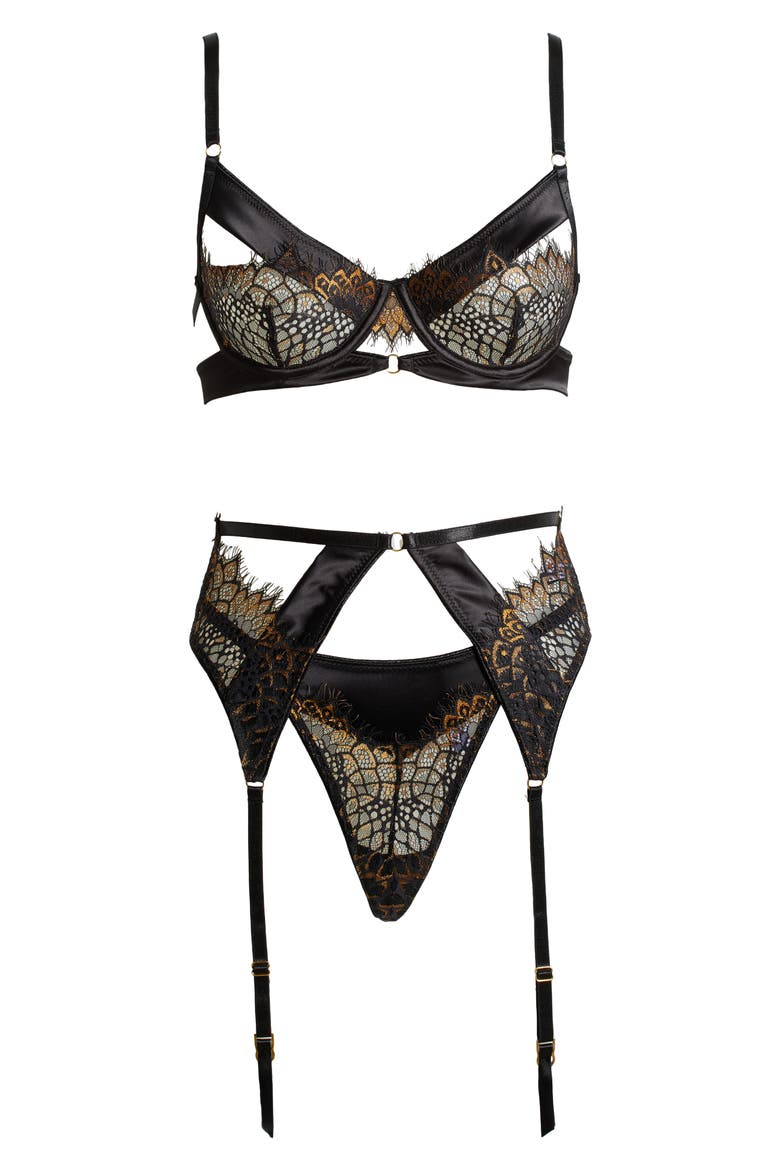 Ingrid Underwire Bra, G-String & Garter Belt Set, Alternate, color, BLACK/ PALE GOLD