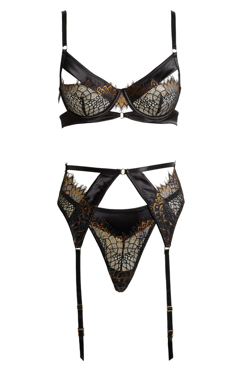 Oh La La Cheri Ingrid Underwire Bra, G-String & Garter Belt Set, Alternate, color, Black/ Pale Gold