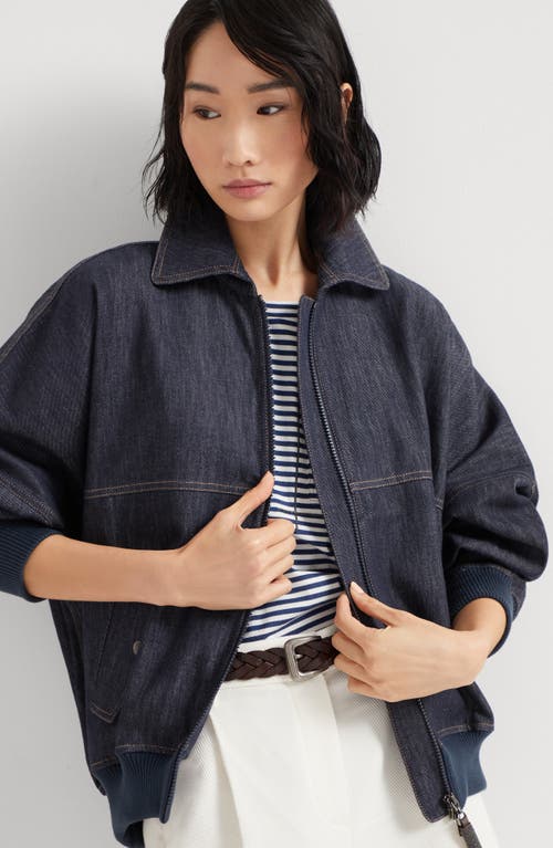 Brunello Cucinelli Denim-effect Twill Bomber Jacket With Shiny Zip In Dark Denim