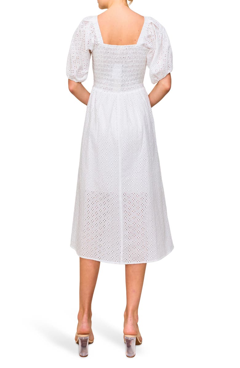 MELLODAY Embroidered Eyelet Puff Sleeve Smocked Midi Dress, Alternate, color, White