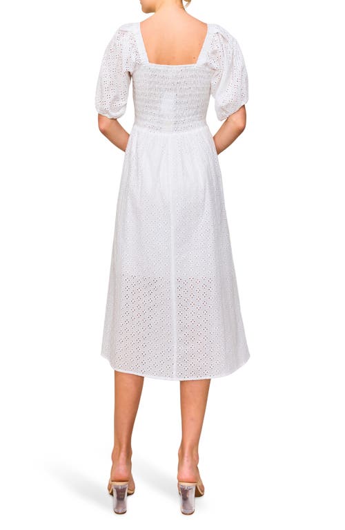 Melloday Embroidered Eyelet Puff Sleeve Smocked Midi Dress In White
