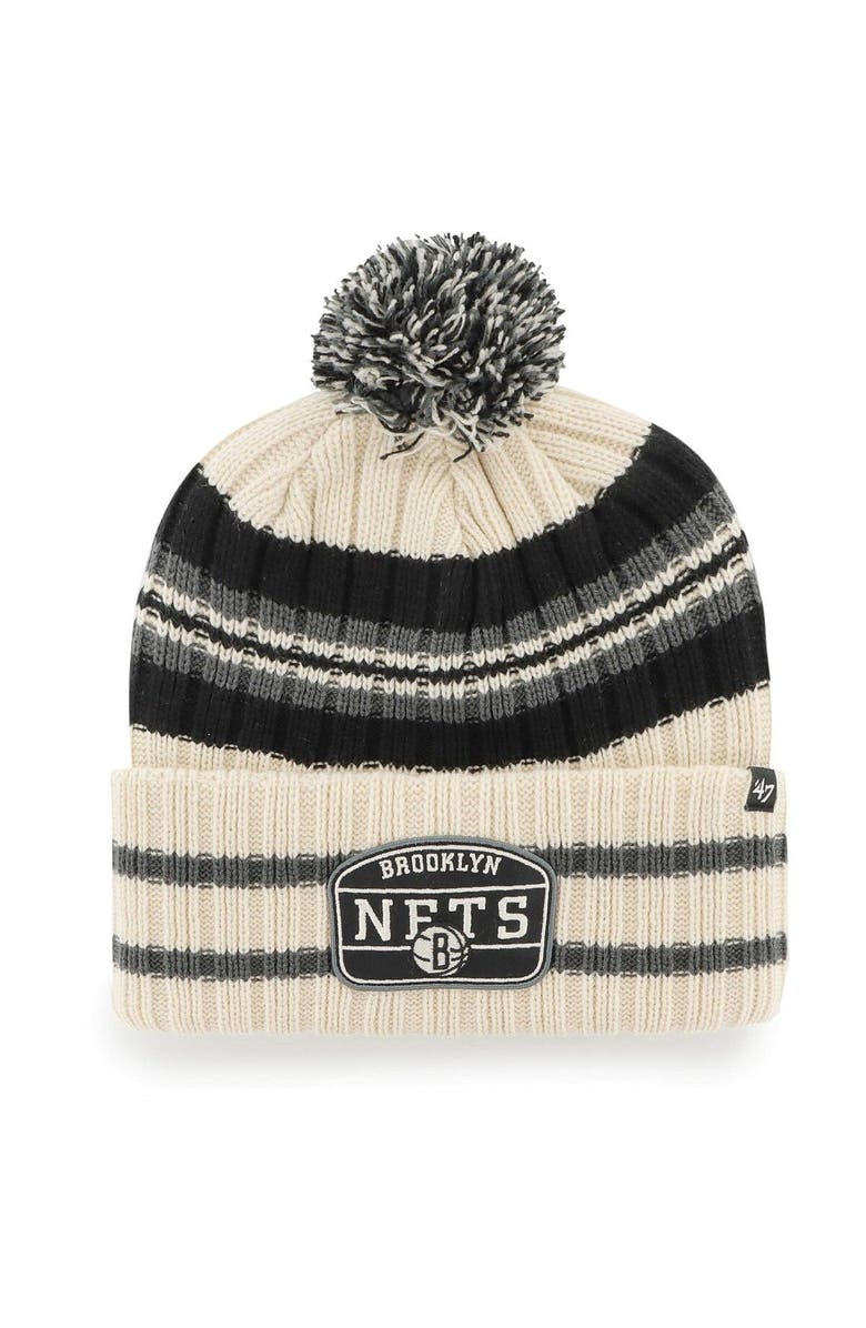 '47 Men's '47 Cream Brooklyn Nets Hone Patch Cuffed Knit Hat with Pom, Main, color,