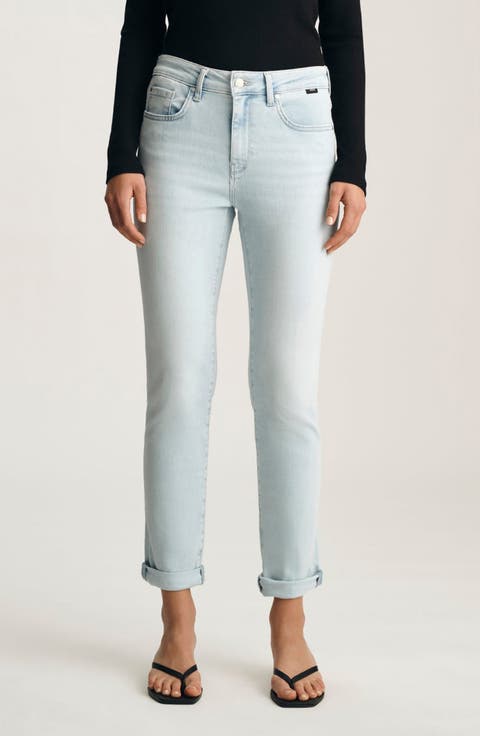 Kathleen Mid Rise Slim Boyfriend Jeans (Bleached Feather Blue)
