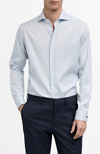 Mango Slim Fit Microprint Cotton Twill Button-up Shirt In Blue