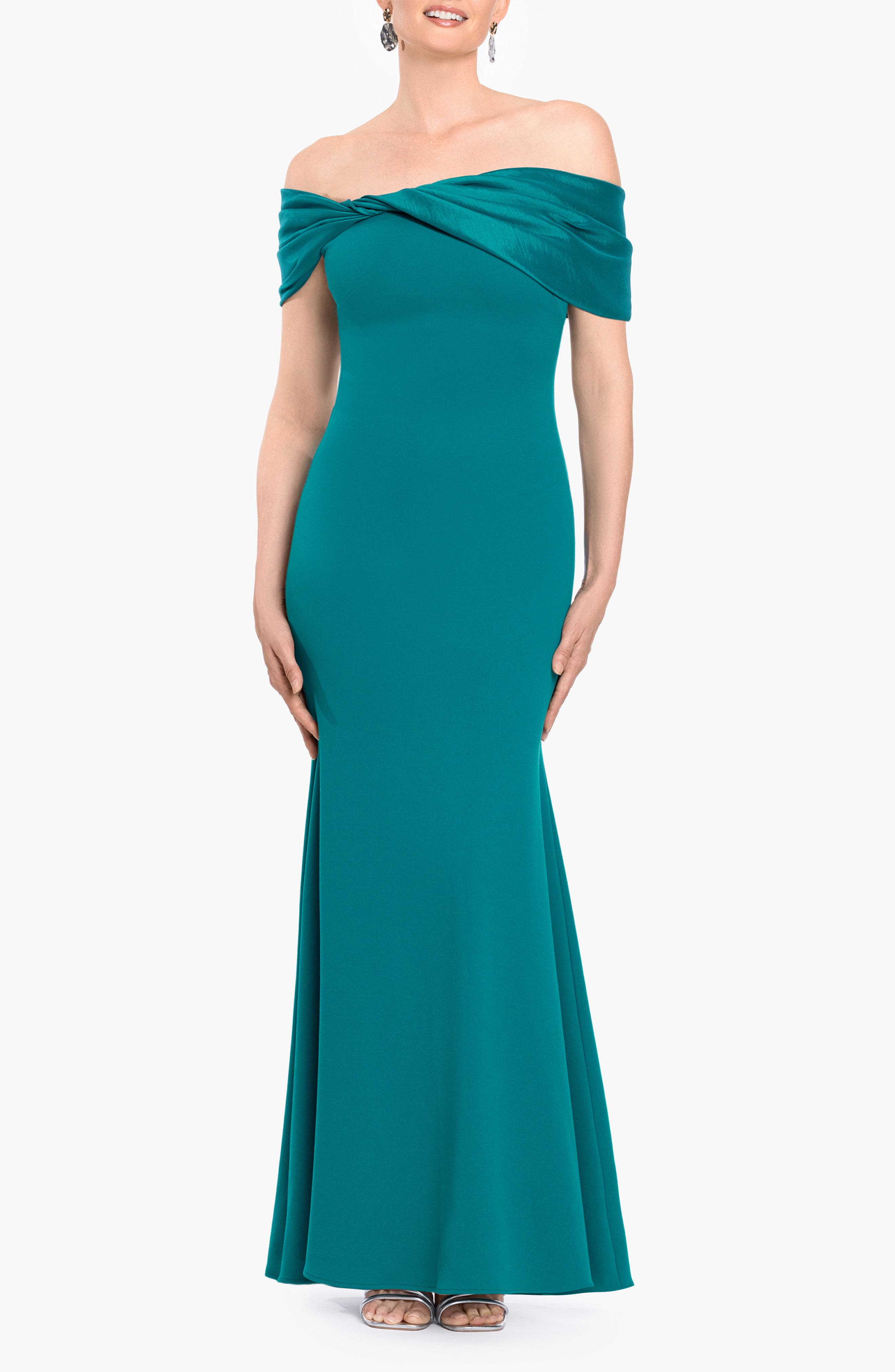 Betsy & Adam Off the Shoulder Crepe & Taffeta Sheath Gown
