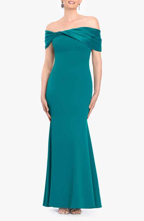 Betsy & Adam Off the Shoulder Crepe & Taffeta Sheath Gown