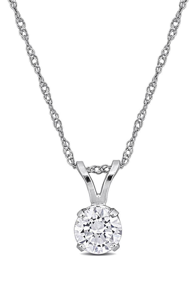 Created Forever 14K White Gold Round Lab Grown Diamond Solitaire Pendant Necklace, Main, color, Silver