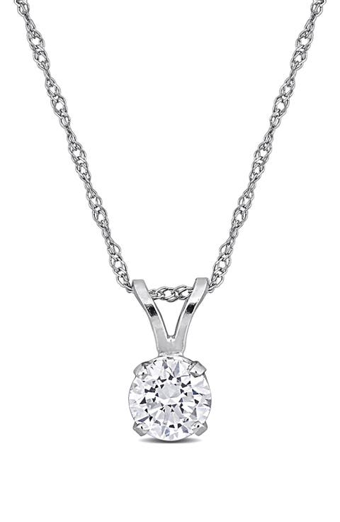14K White Gold Round Lab Grown Diamond Solitaire Pendant Necklace
