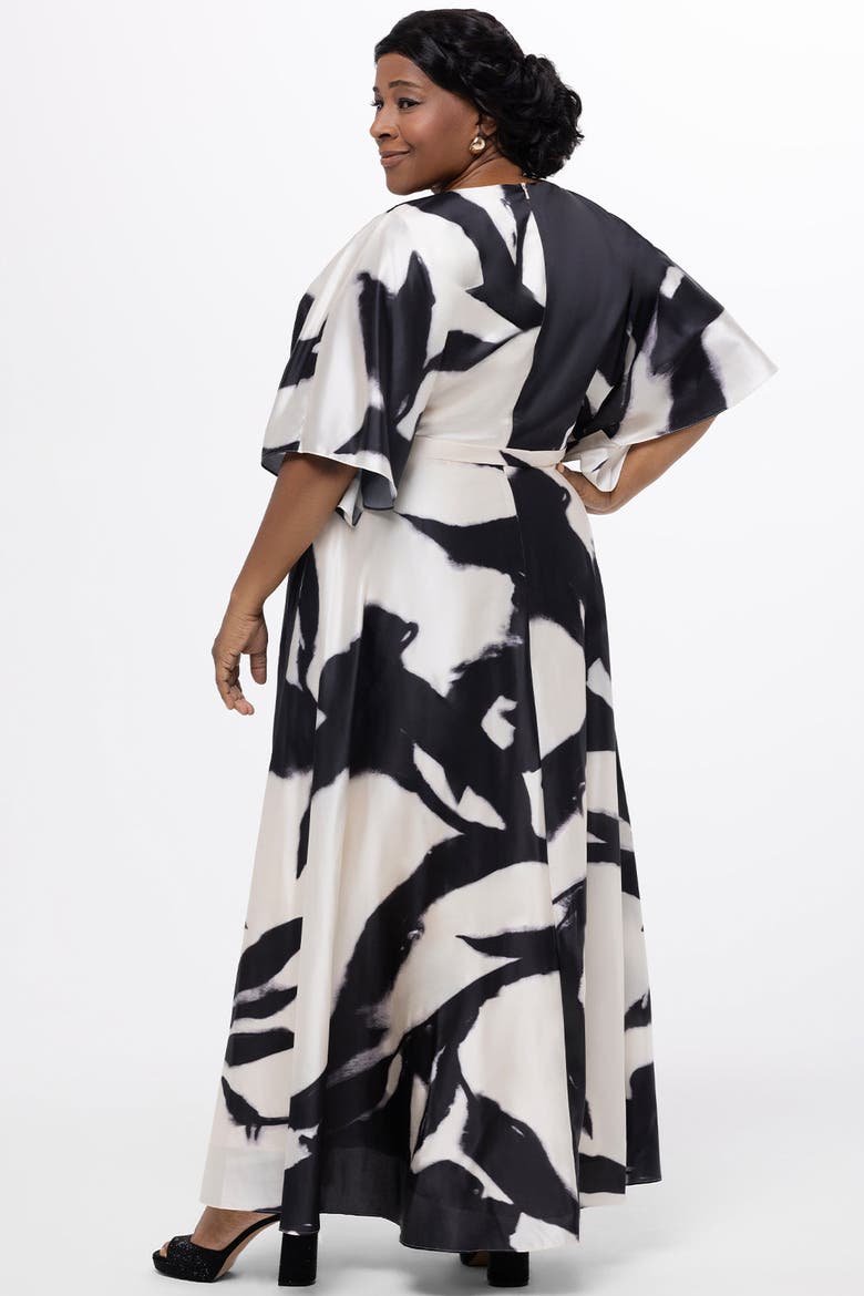 V-Neck Satin Print Plus Size Maxi Gown, Alternate, color, Cream/Black