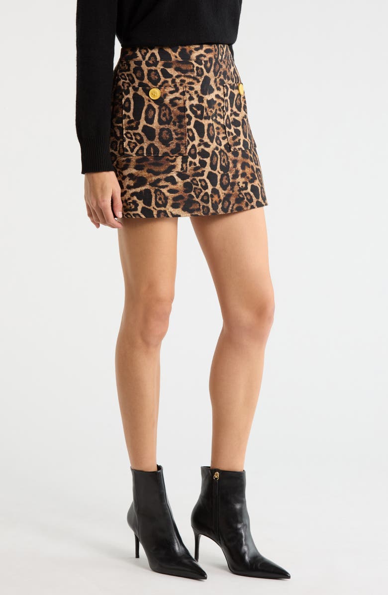 L'AGENCE Cyra Leopard Print Cotton Miniskirt, Alternate, color, Brown Multi Patch Leopard
