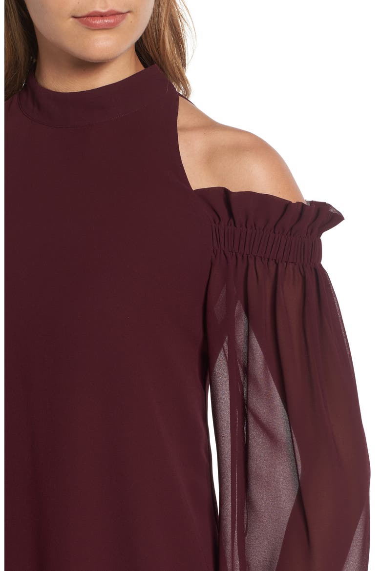 Ruffle Cold Shoulder Top, Alternate, color, BURGUNDY STEM
