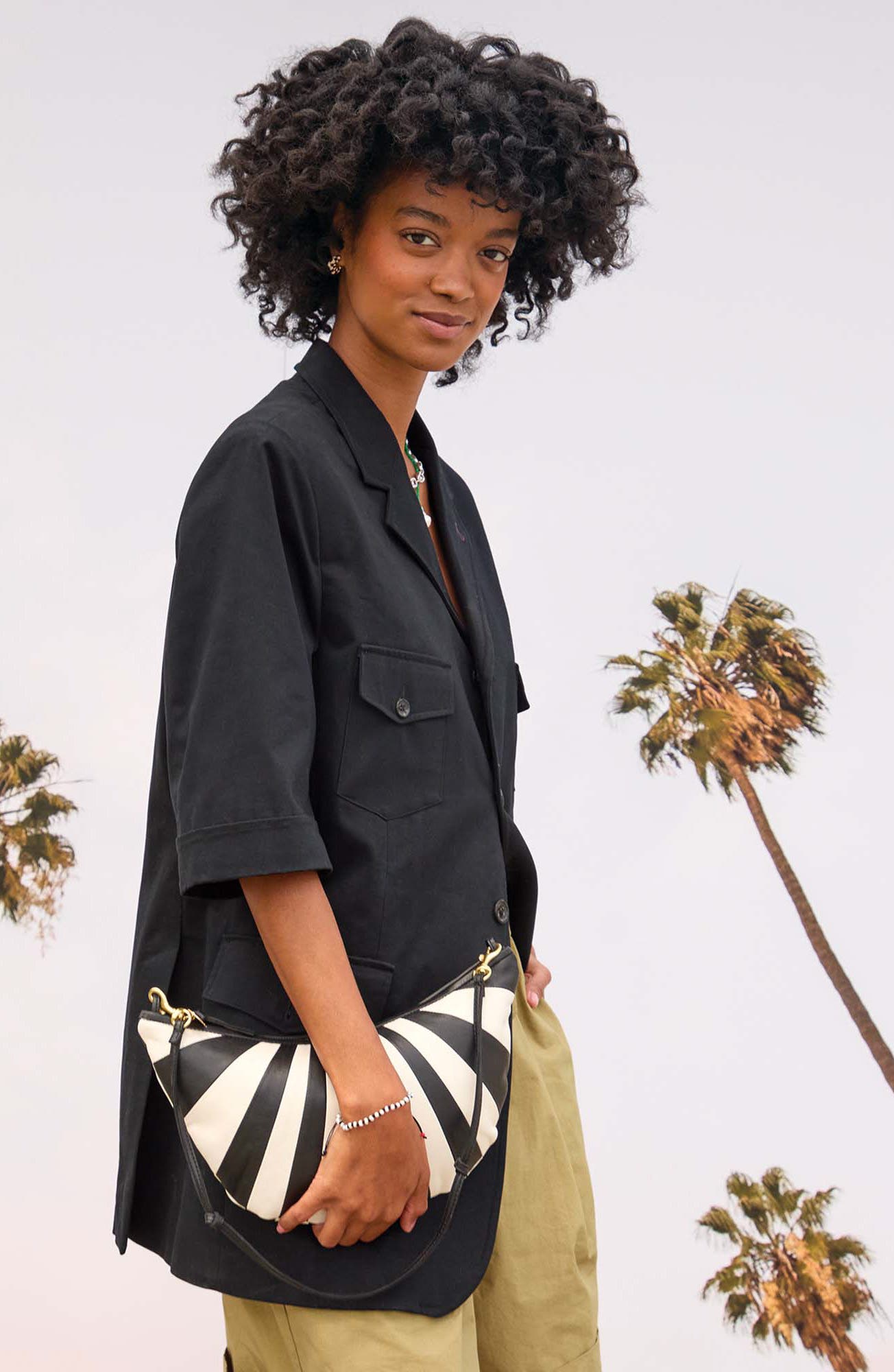 Clare V. Lune Shoulder Bag, Alternate, color, Black/ Cream Sunburst Nappa