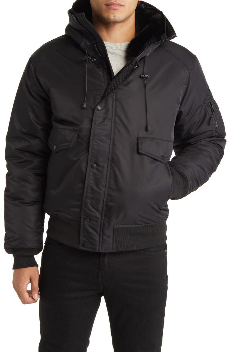 Schott NYC N-2B Hooded Flight Jacket with Faux Fur Trim, Alternate, color, Black