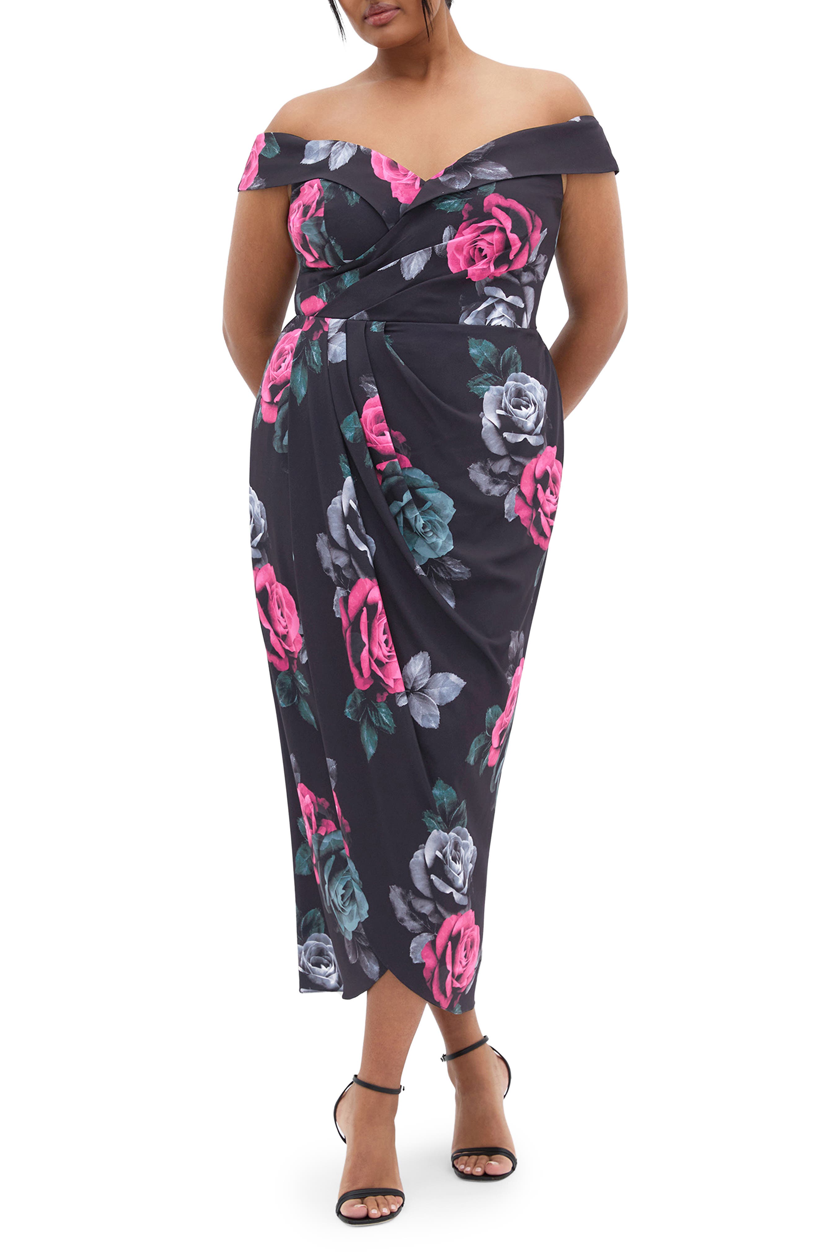City Chic Clair Print Off the Shoulder Midi Dress