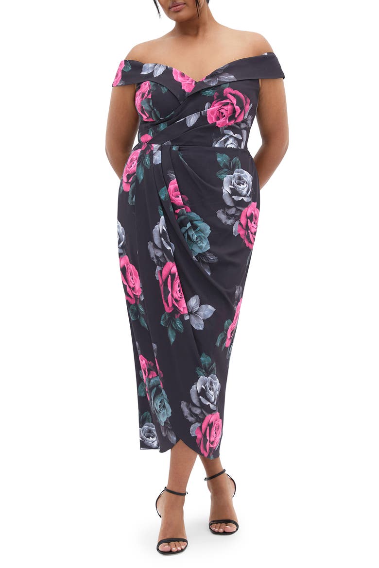 Clair Print Off the Shoulder Midi Dress, Main, color, BLACK CLEMENTINE