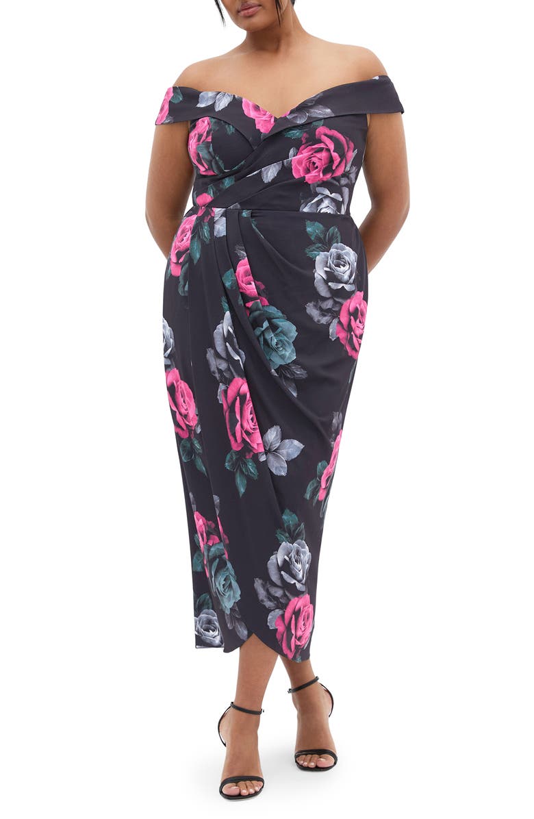 City Chic Clair Print Off the Shoulder Midi Dress, Main, color, Black Clementine