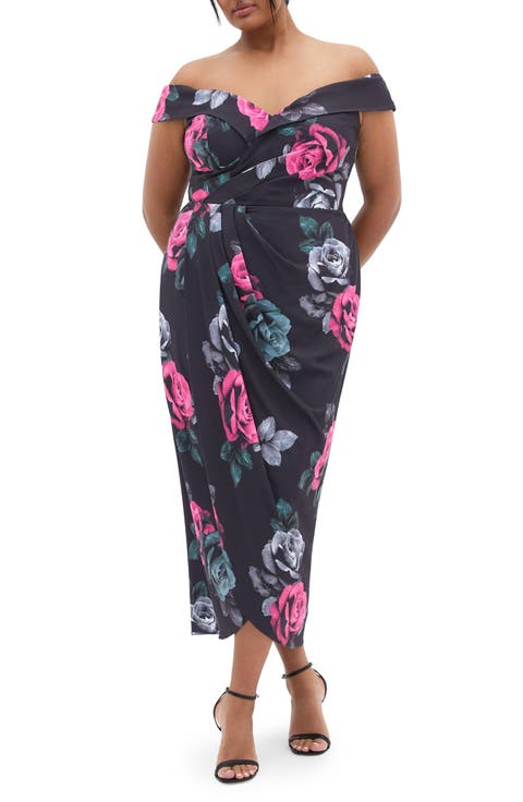 Clair Print Off the Shoulder Midi Dress (Plus)