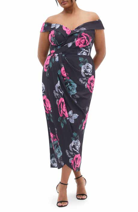 City Chic Clair Print Off the Shoulder Midi Dress