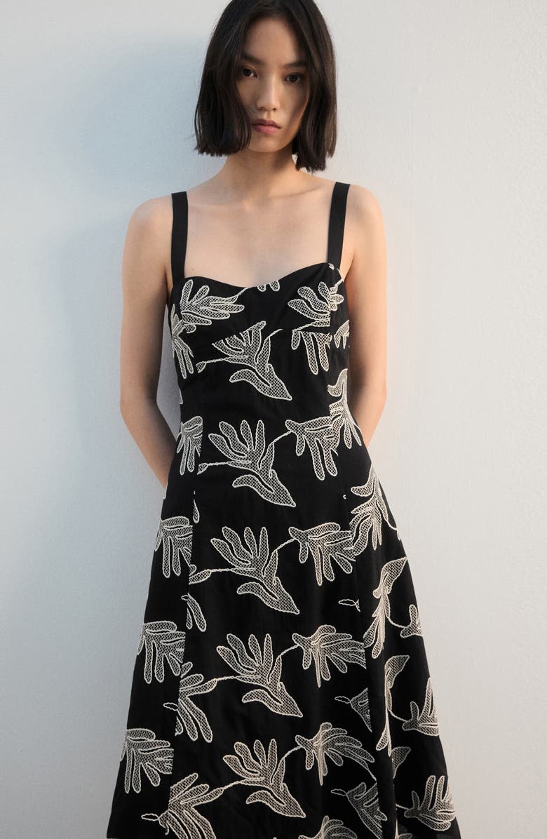 MANGO Embroidered A-Line Midi Dress, Alternate, color, Black
