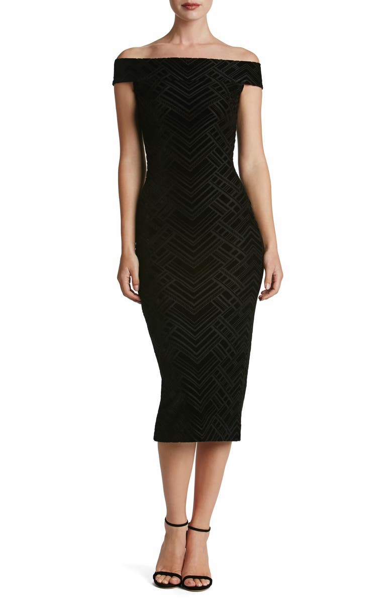Dress the Population Eden Geo Print Velvet Off the Shoulder Dress, Main, color, 