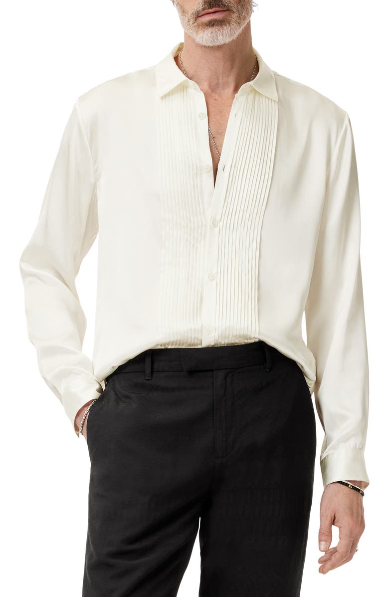 John Varvatos Pleated Front Silk Button-Up Shirt, Main, color, White