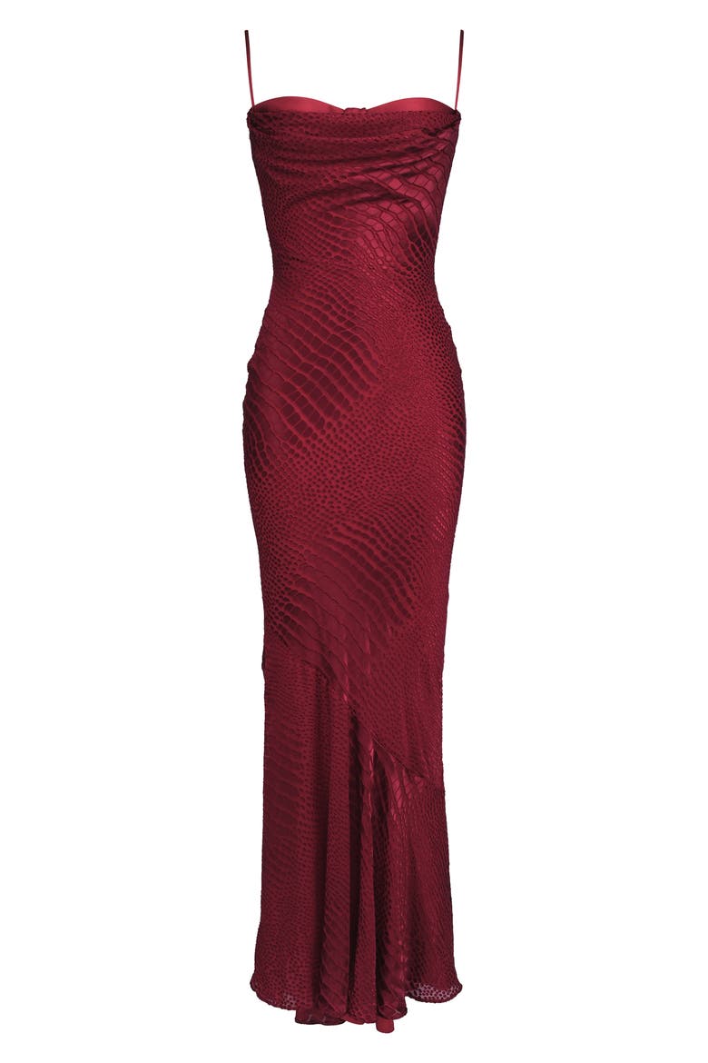 Nalani Satin Burnout Gown, Alternate, color, DEEP RED