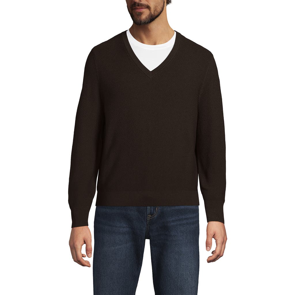 Lands' End Long Sleeve Washable Merino Wool V Neck Sweater In Brown