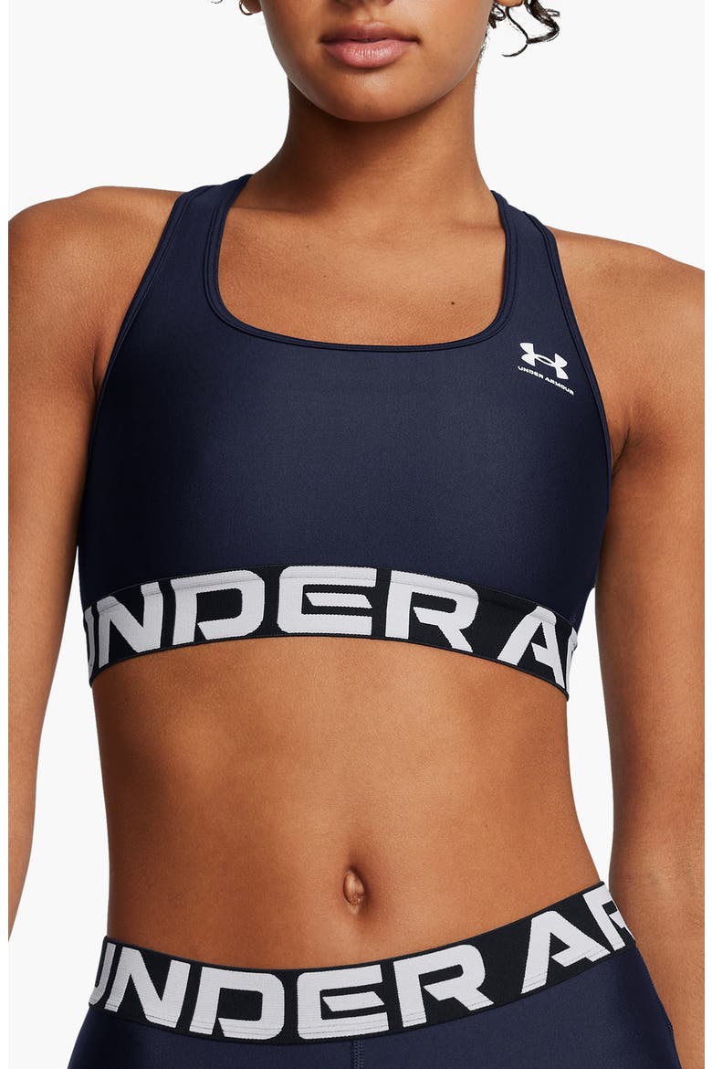 HeatGear® Mid Racerback Logo Jacquard Sports Bra, Main, color, MIDNIGHT NAVY / / WHITE