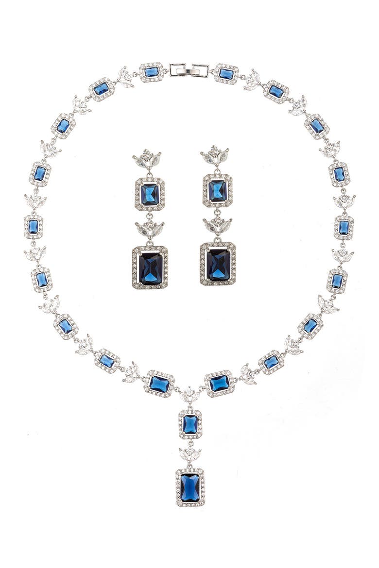 Alice Cubic Zirconia Necklace & Drop Earrings Set, Main, color, SILVER/BLUE