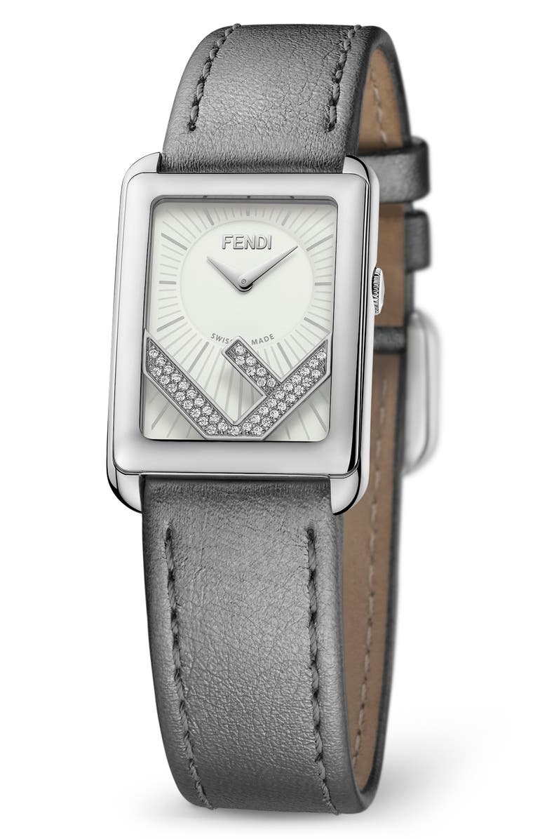 Fendi Run Away Diamond Pavé Swiss Quartz Leather Strap Watch, 22.5mm x 32mm - 0.14ctw, Alternate, color, Stainless Steel
