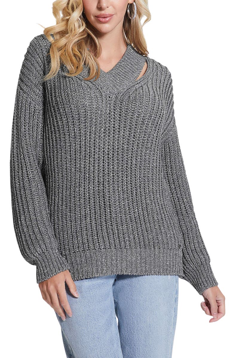 GUESS Lise Sparkle Cutout V-Neck Sweater, Main, color, 