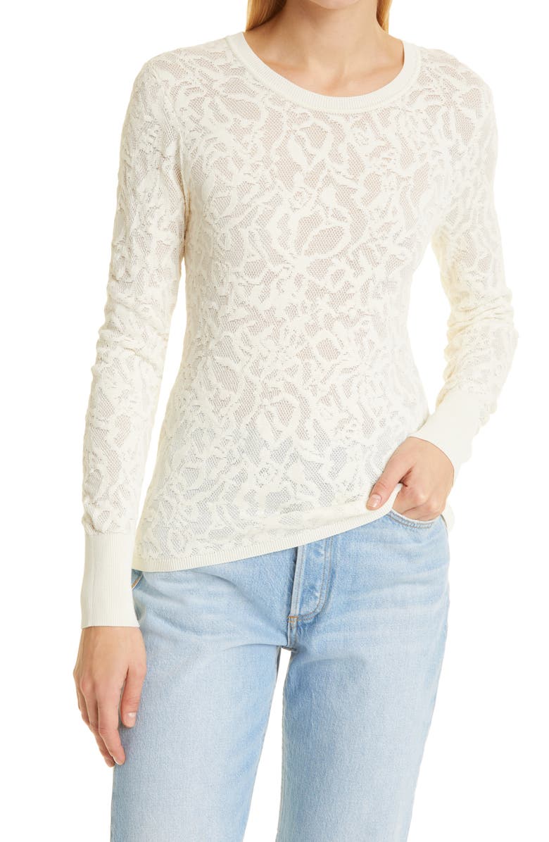 rag & bone Perry Long Sleeve Crewneck Cotton Blend Lace Top, Main, color, Ivory