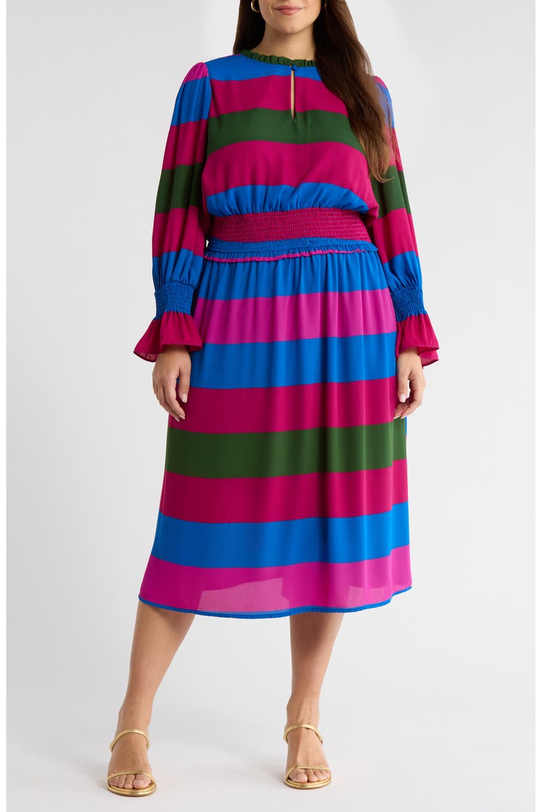 Saige Stripe Long Sleeve Midi Dress, Main, color, MAGENTA-MULTI