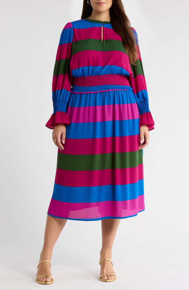 SUGARLIPS Saige Stripe Long Sleeve Midi Dress, Main, color, Magenta-Multi