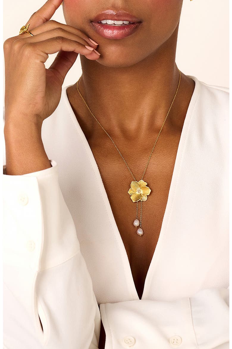 Jasmine Diamond Necklace |  7 natural diamonds - 2 freshwater pearls  | 925 Sterling Silver | Necklace | 16 - 17.5 in | Yellow 18k-Gold Plated, Alternate, color, Yellow 18k Gold Plated