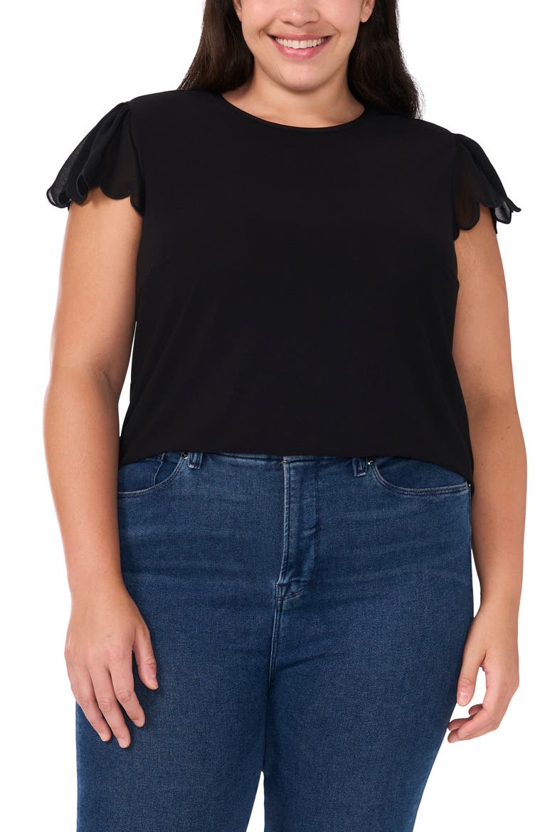 Scallop Sleeve Crewneck Jersey Top, Main, color, RICH BLACK