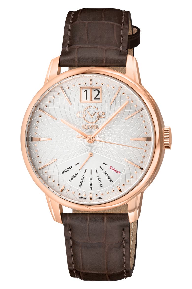 Rovescio Croc Embossed Leather Strap Watch, 42mm, Main, color, BROWN