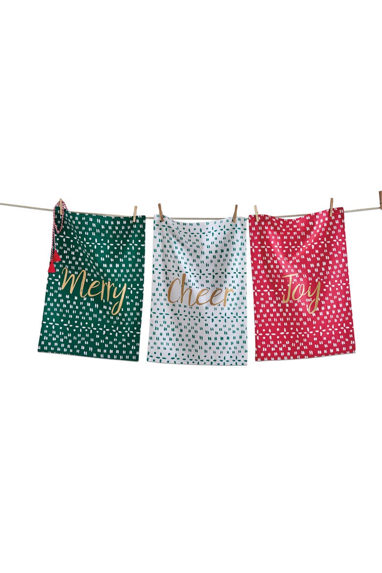 Joyful Set of Three Cotton Dishtowels for Christmas Kitchen, Main, color, Multicolored