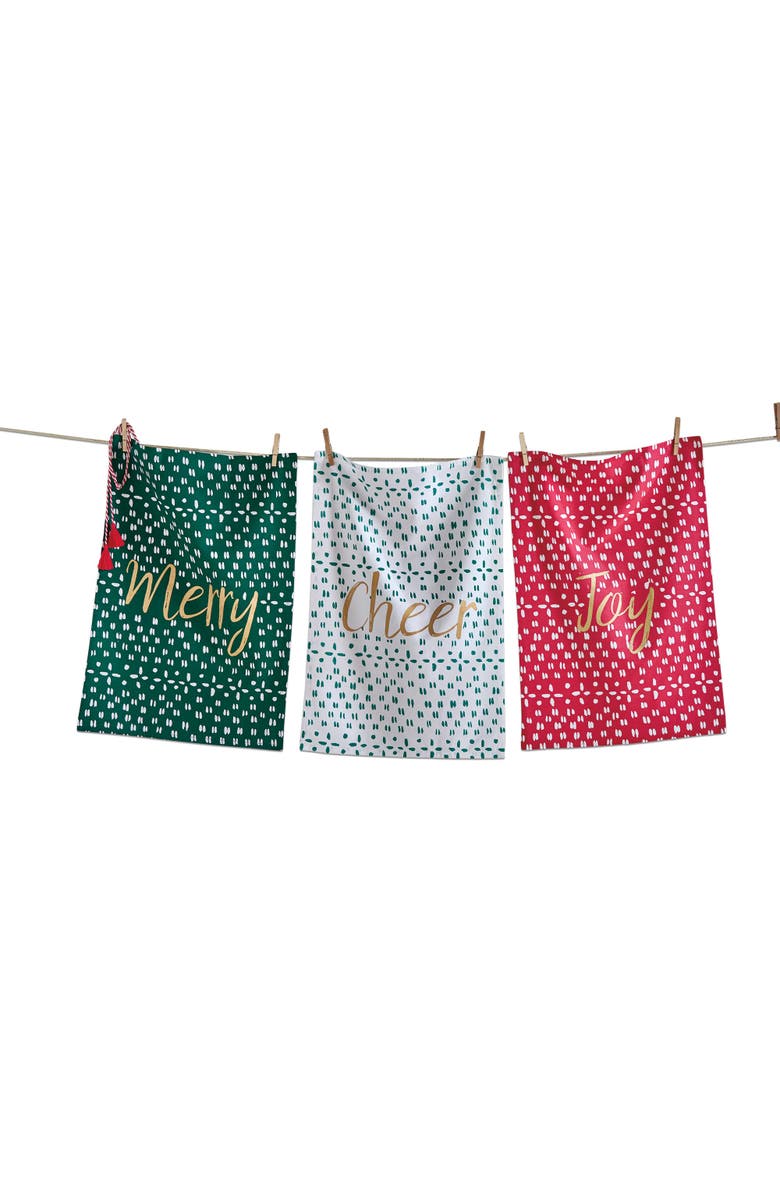 tag Joyful Set of Three Cotton Dishtowels for Christmas Kitchen, Main, color, Multicolored