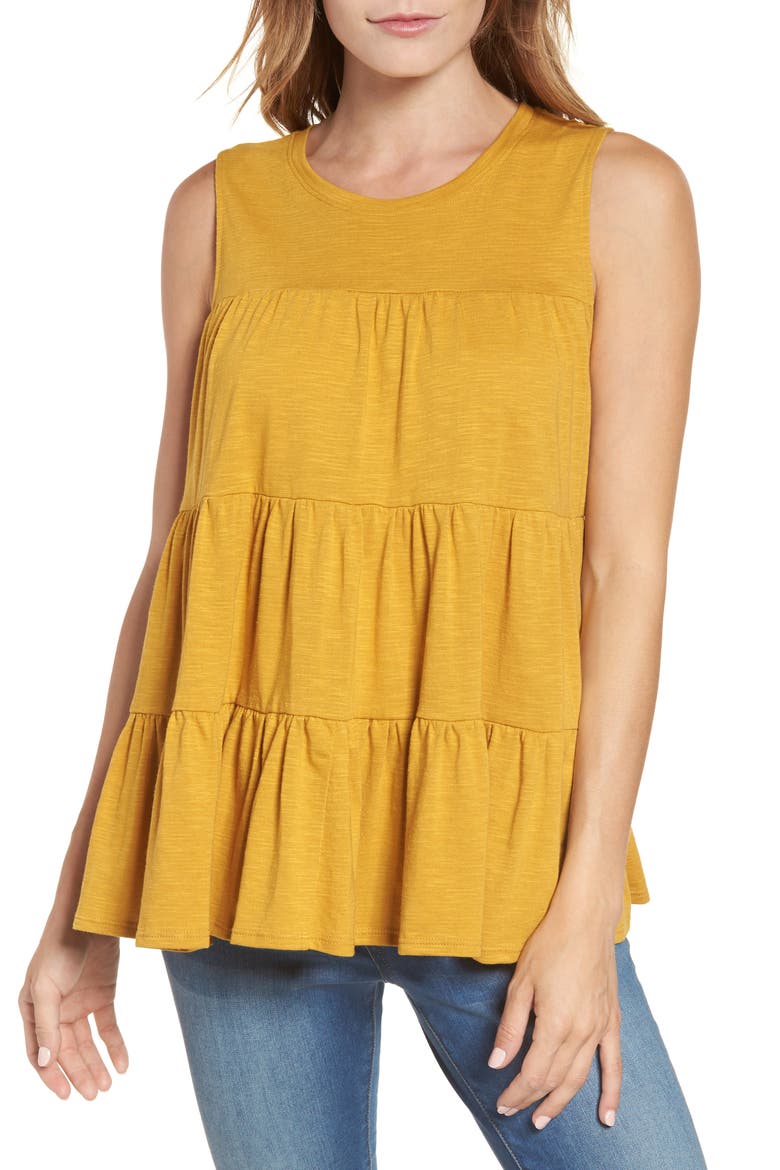 Tiered Ruffle Cotton Blend Tank Top, Main, color, MUSTARD