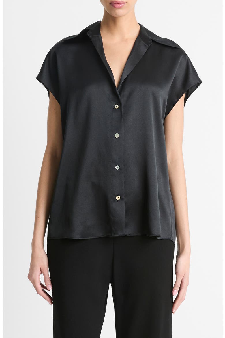 Cap Sleeve Gathered Back Short Sleeve Silk Button-Up Shirt, Main, color, BLACK