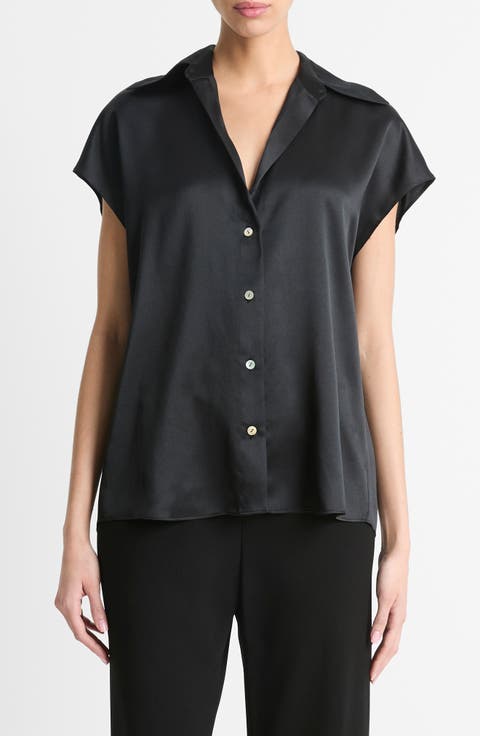 Cap Sleeve Gathered Back Short Sleeve Silk Button-Up Shirt